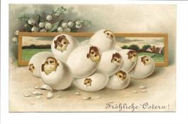 Fröhliche Ostern - Küken schlüpfen aus Ei - Präge-Litho 1909