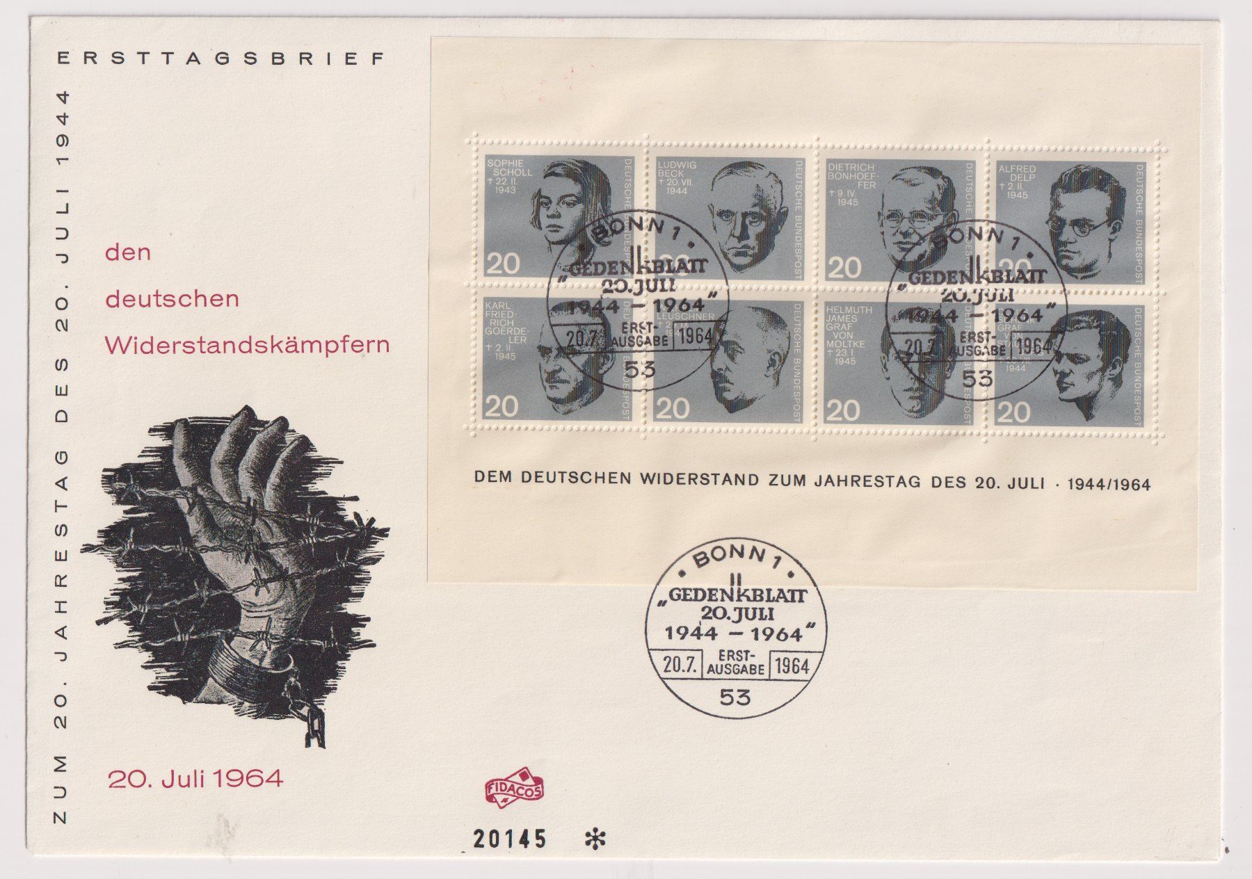 Tutti i francobolli: BRD 1964: FDC Block Widerstand - Kat. 100.-- – Usato da Eschlikon TG venduto da PhilCon