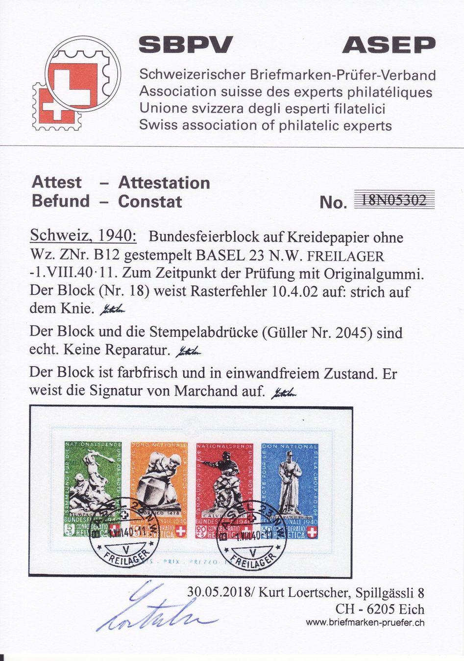 Tutti i francobolli: Bundesfeierblock 1940 mit Rasterfehler ZNr. 10.4.02, Attest – Usato da Gränichen venduto da Teufenthaler 4