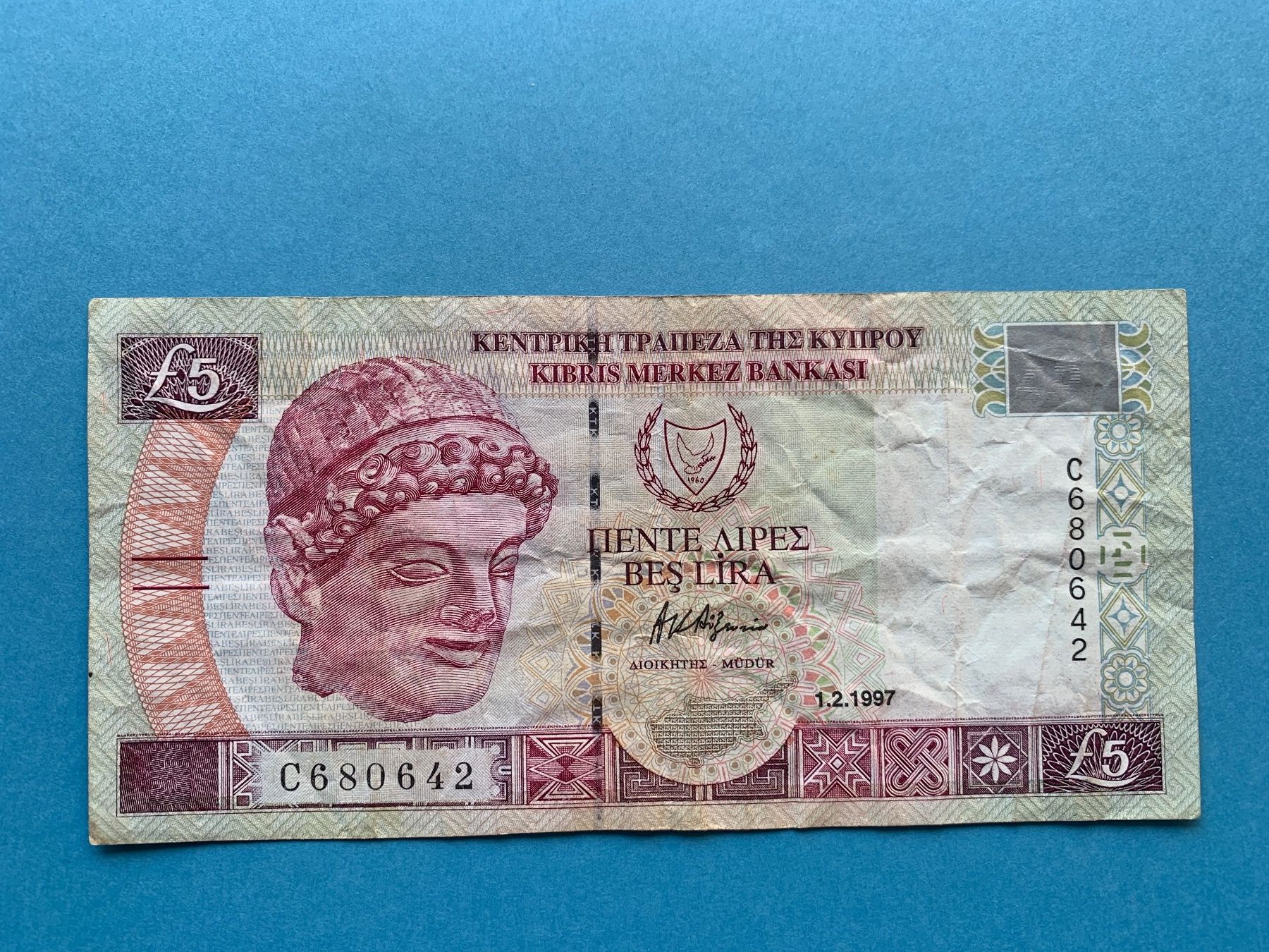 Banconote: CHYPRE / ZYPRUS - 5 POUNDS 1.2.1997 – Usato da Le Lignon venduto da Trikles