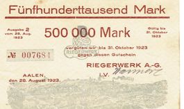 Aalen 500000 Mark Ausgabe 2 28.08.1923 VZ++-UNZ