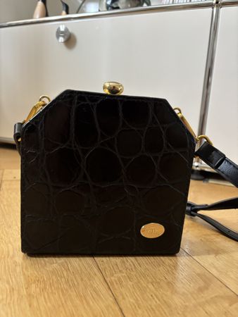 80er Vintage Ledertasche in schwarz, Krokodiloptik