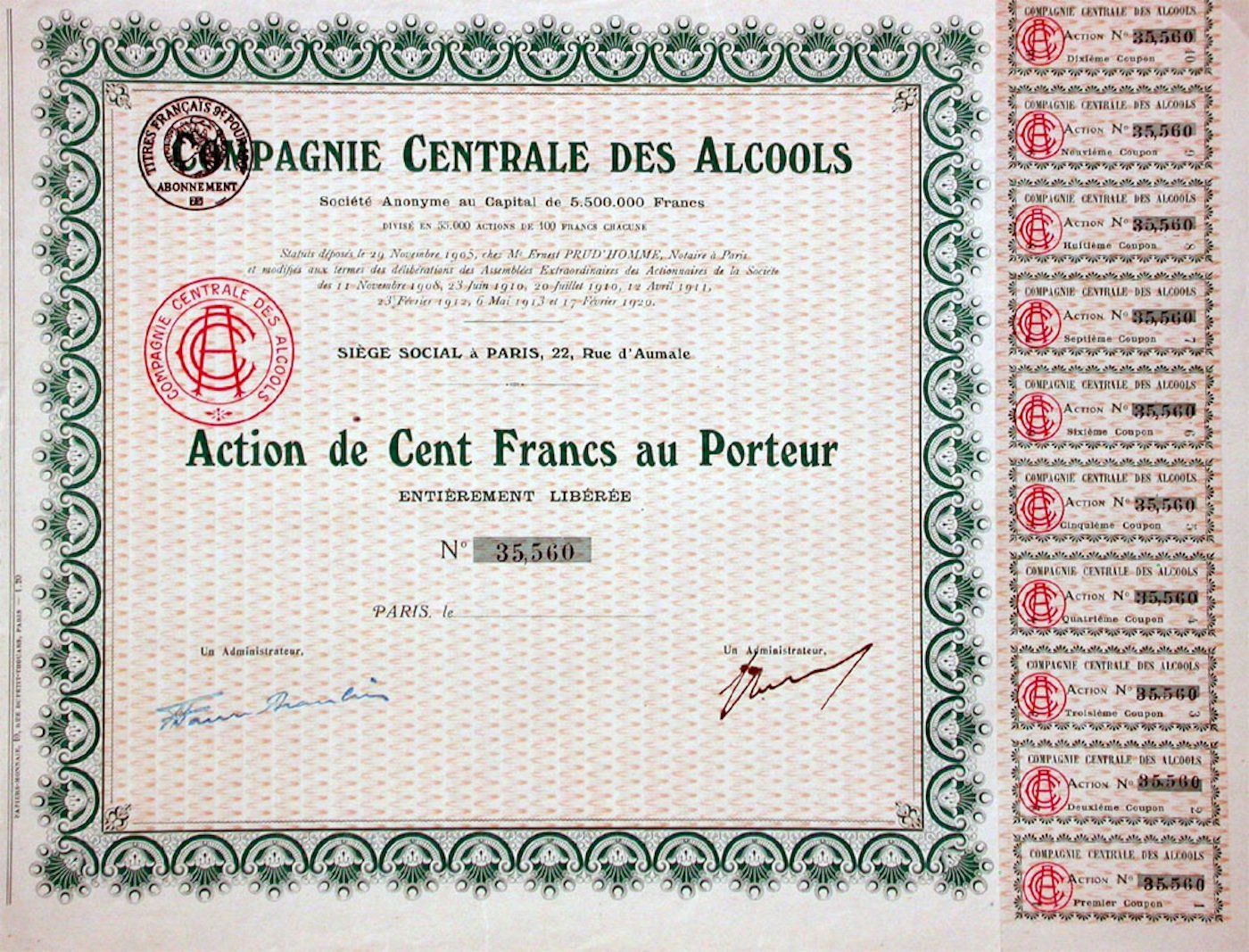 Documenti: Compagnie Centrale des Alcools SA, Paris - 1920 – Usato da Solothurn venduto da Sgasche