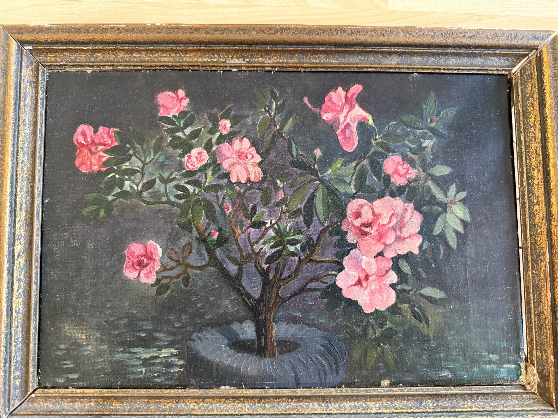 Dipinti: Ölgemälde: Blühender Rhododendron-Strauch, antik – Usato da Baar venduto da Meti56