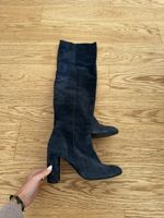 Suede Leather Knee High Heel Boots, Blue, 37