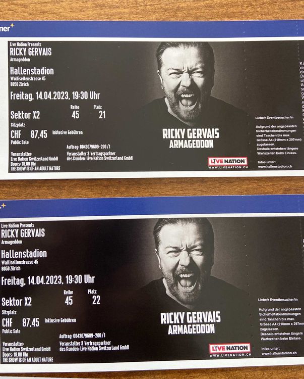 Ricky Gervais 2 Tickets 14.4.23 Hallenstadion | Kaufen auf Ricardo