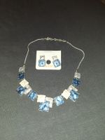 Modeschmuck Halskette mit Ohrringen, blau/weiss, neuwertig