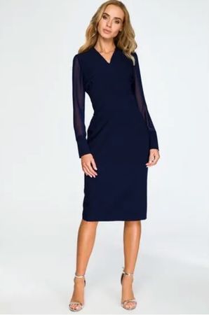 Elegantes, dunkelblaues Kleid mit transparenten Ärmeln, L/40