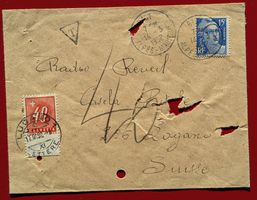 PORTO 60 GESTEMPELT LUGANO TICINO LETTRE BIOT FRANCE 1952