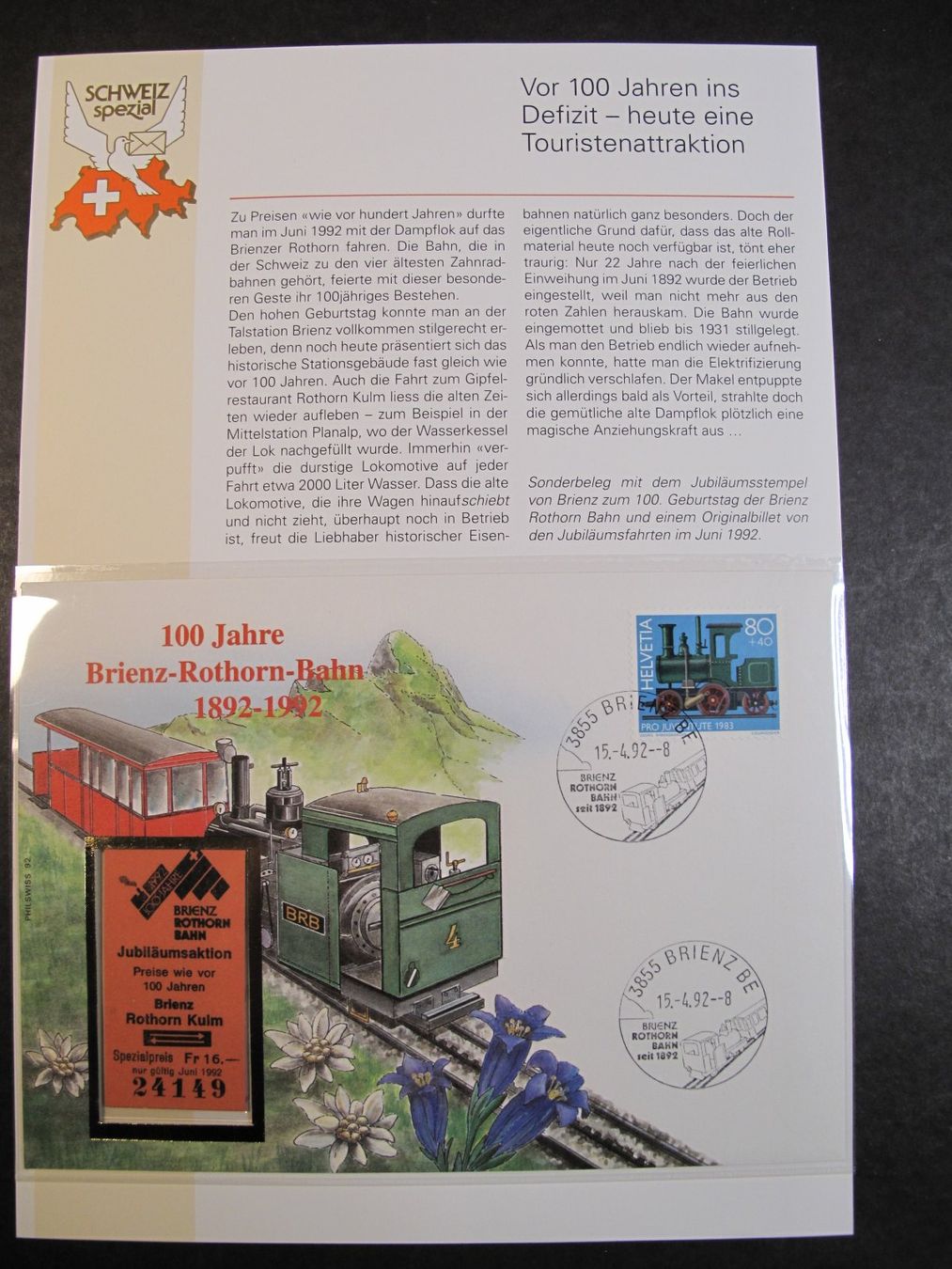 Biglietti: Schweiz 1992 100J.Brienz-Rothorn Bahn mit Ticket – Usato da Wil SG venduto da fva01
