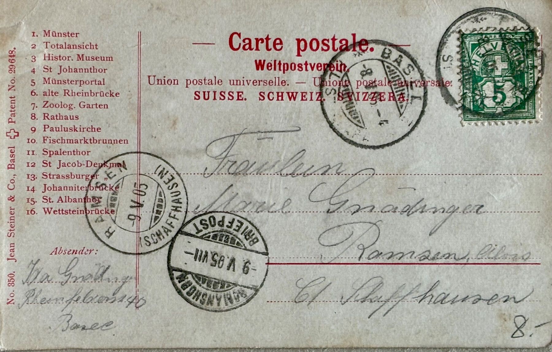 Cartoline postali: Gruss aus Basel, 1905 – Usato da Frauenfeld venduto da Merk52 1