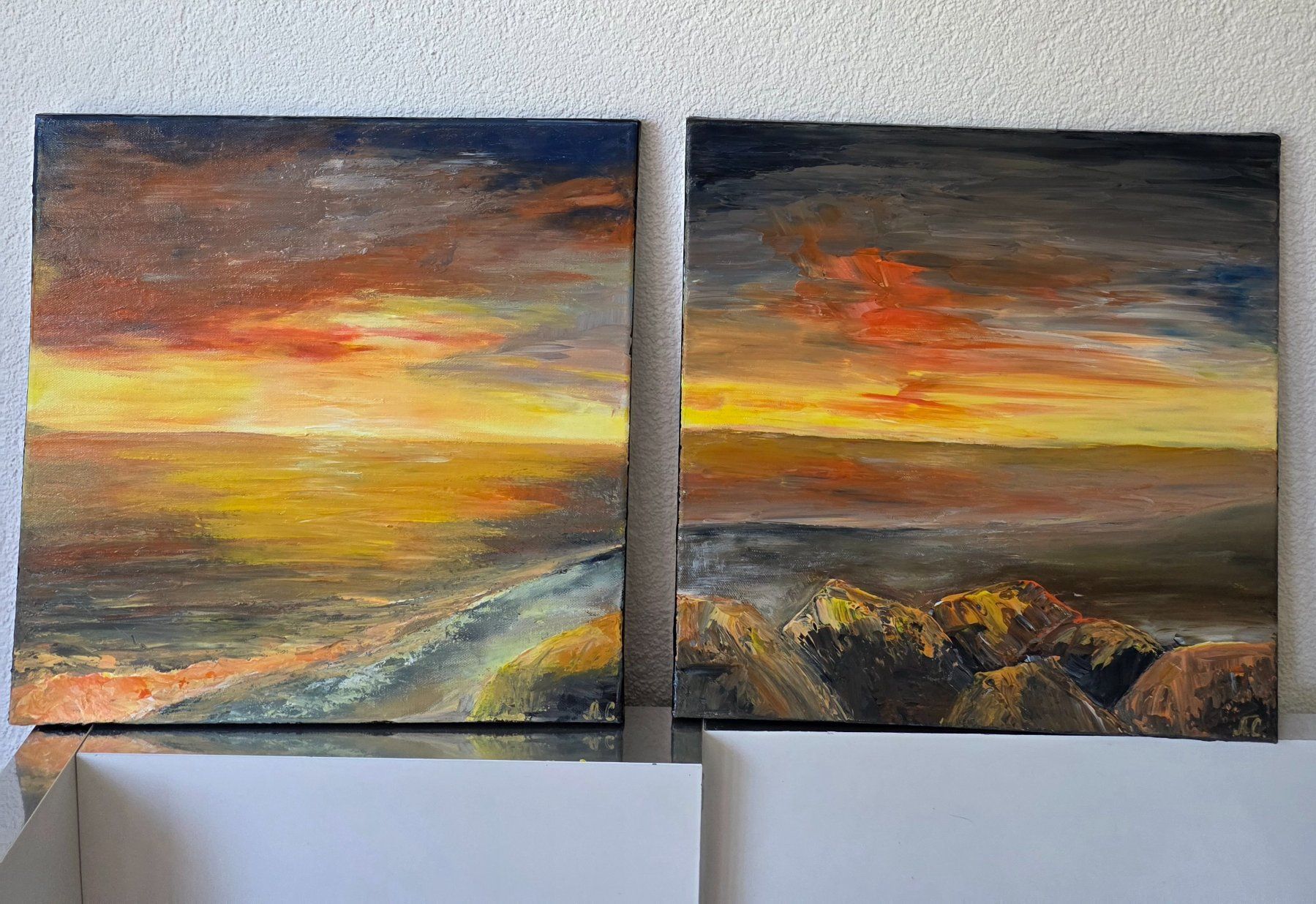 Dipinti: Diptyque "Coucher de soleil sur la vallée"  faites main – Nuovo e nell'imballaggio originale da Sierre venduto da AlinaArtValais