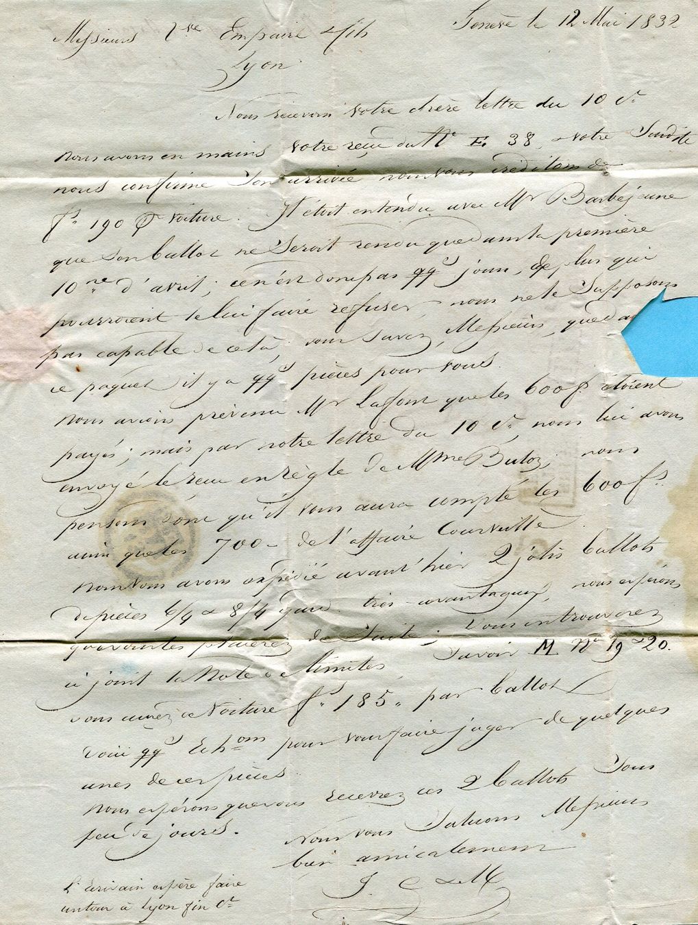 Tutti i francobolli: Faltbrief von Genève nach Lyon 1832 – Usato da Opfikon venduto da Prophila 1