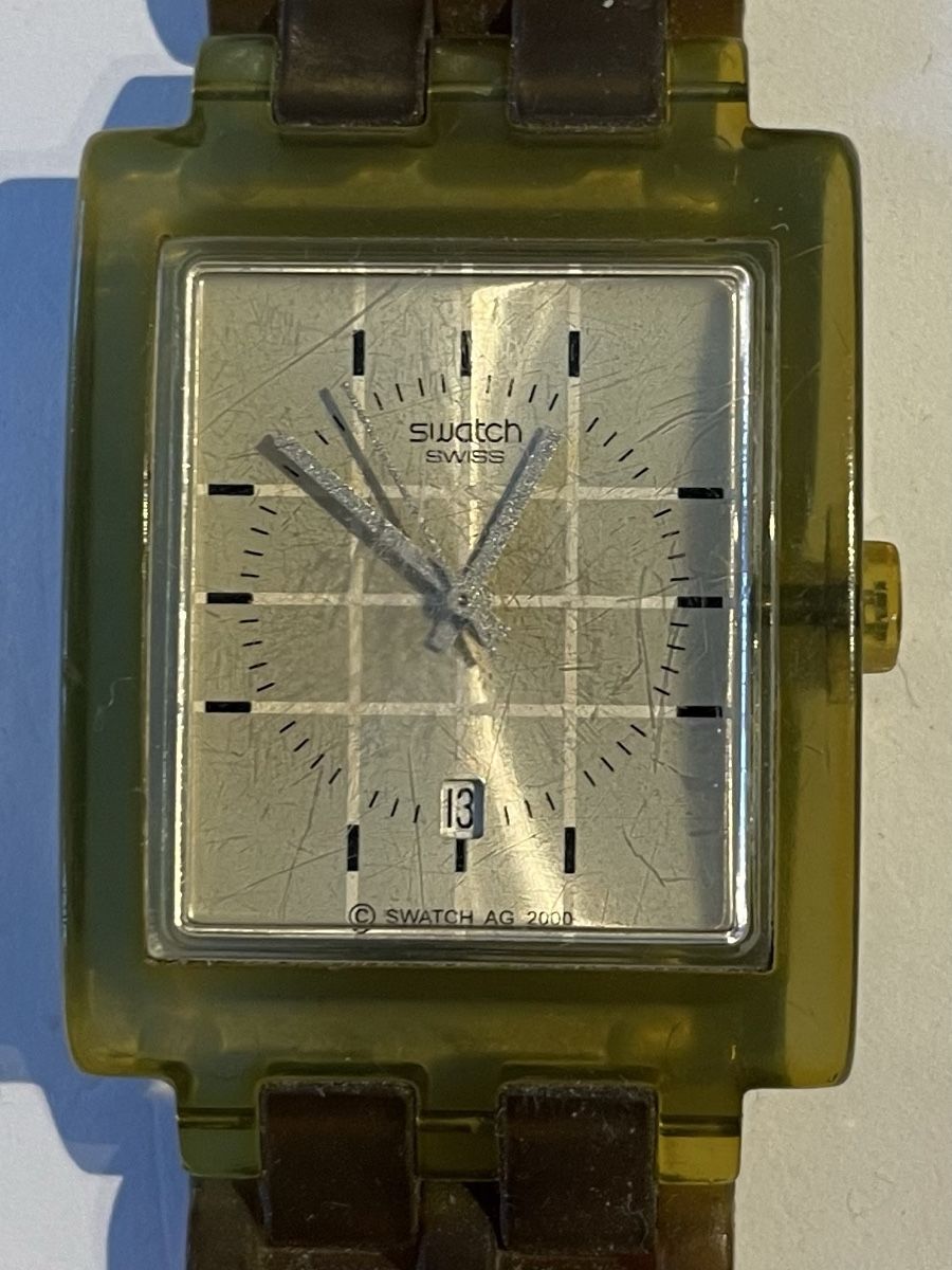 Swatch Orologi: Swatch Square 2000, Transparent Olive Jelly, for Repair – Difettoso da Basel venduto da JohnnyCrash