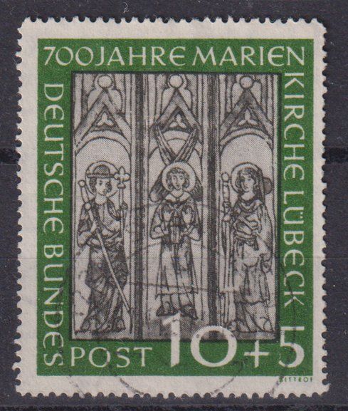 Tutti i francobolli: BRD 1951: 10+5 Pf. Marienkirche - Kat. 80.-- – Usato da Eschlikon TG venduto da PhilCon