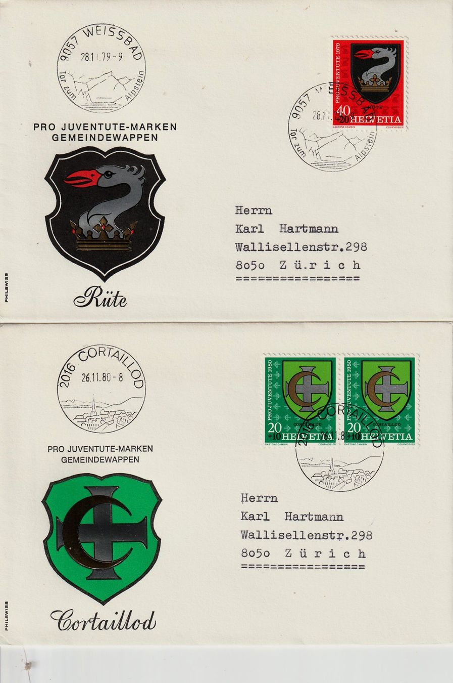Tutti i francobolli: 1979/80 2 Briefe PJ Orts FDC – Usato da Arlesheim venduto da gaugi43