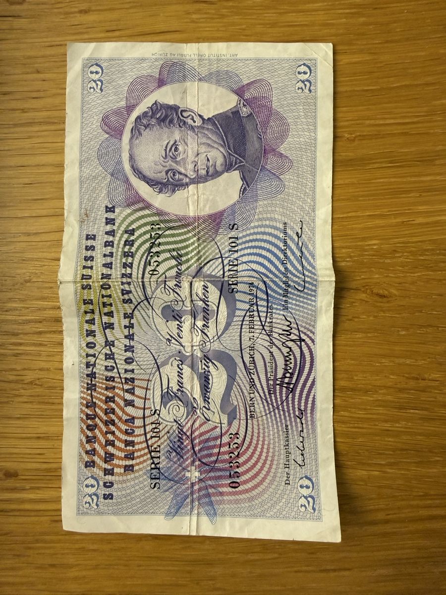 Banconote: 20 Franken Note Dufour Serie 101 S gebraucht. – Usato da Basel venduto da wah_wf7m