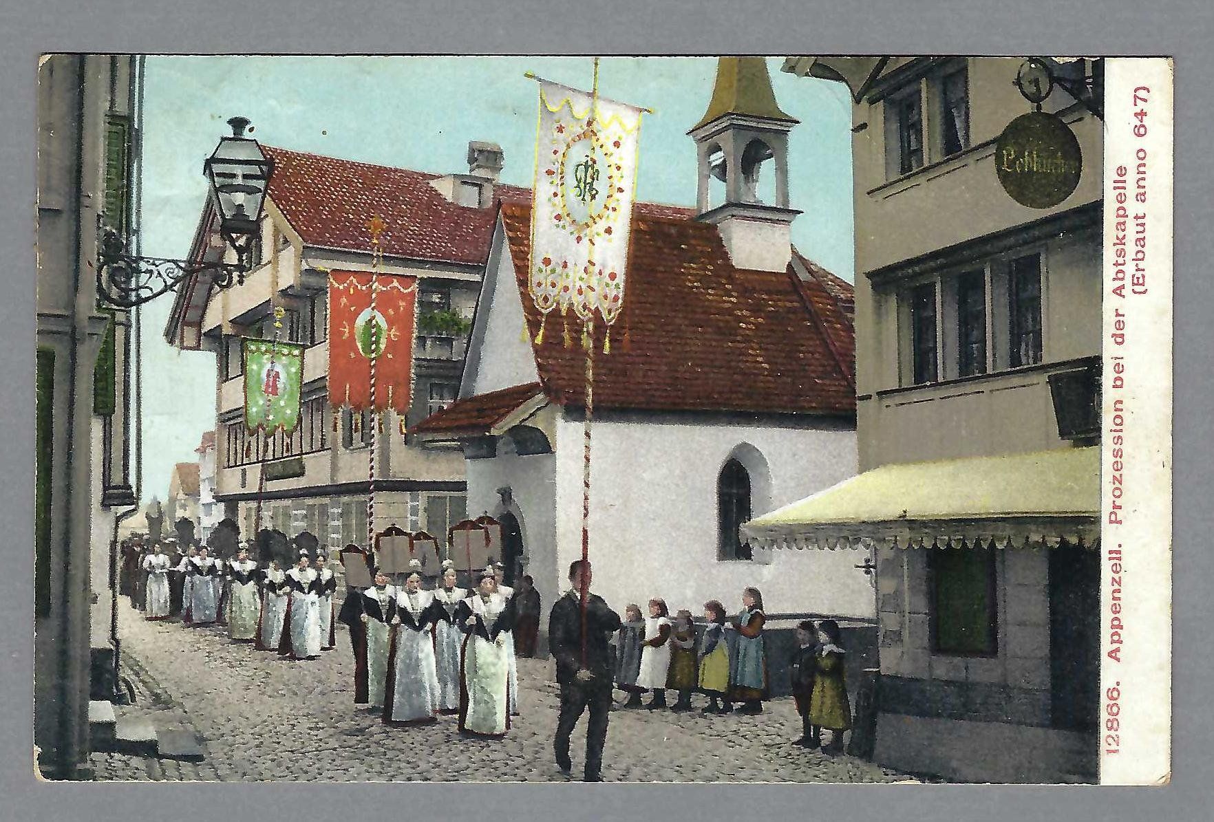 Cartoline postali: 1907, APPENZELL, INNENSEITE, PROZESSION BEI DER ABTSKAPELLE – Usato da Pura venduto da ulisse1957