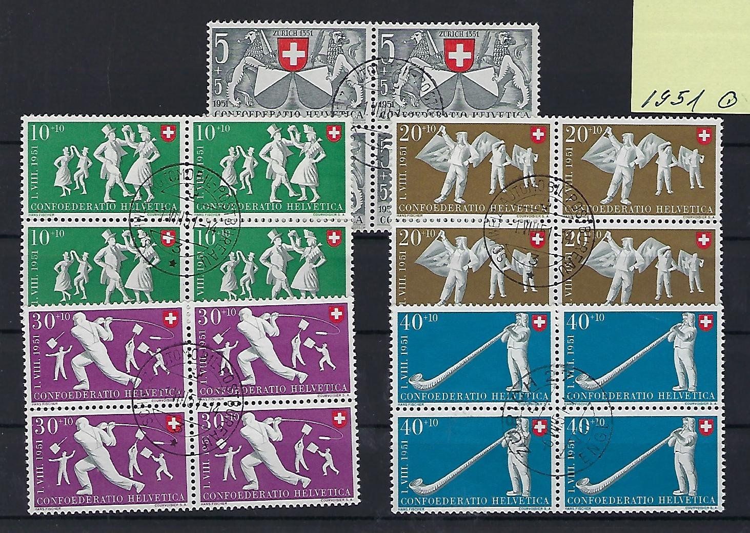 Alle Briefmarken: 1951  Pro Patria Viererblocks 14987 – Gebraucht aus Lunden von Animus999