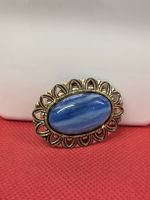 Broschen oval mit blauem Stein, goldfarben, Vintage
