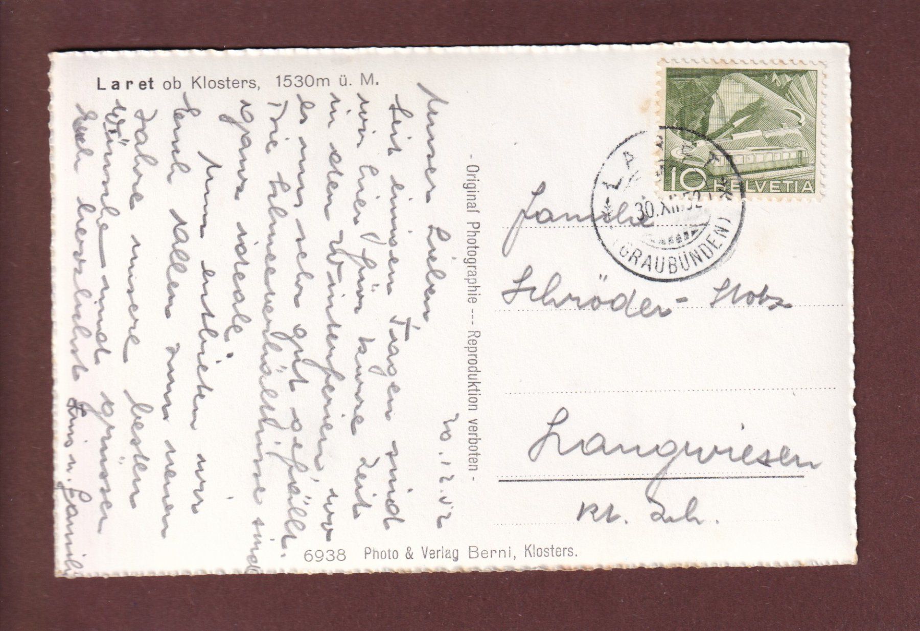 Cartoline postali: LARET ob Klosters - 1952 – Usato da Pully venduto da nicecards 1