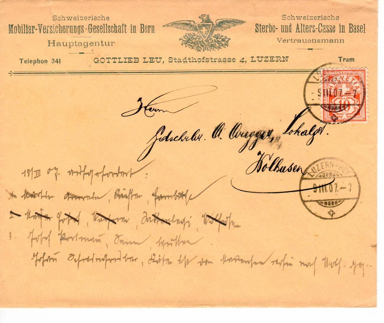 Alle Briefmarken: Brief, Mobiliar Versicherung Bern 1907 – Gebraucht aus Wolhusen von Curver9