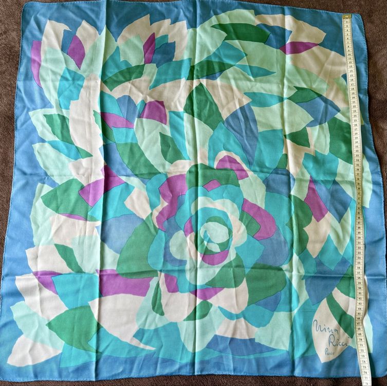 Foulard Vintage Authentique Nina Ricci - Soie 100% - Motif Floral Multicolore - Occasion Bon état