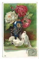 Souvenir - Vase - Rosen - Tauben - tolle Präge-Litho um 1910