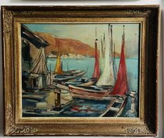 Ölgemälde, Hafenmotiv mit Segelbooten, schön gerahmt,