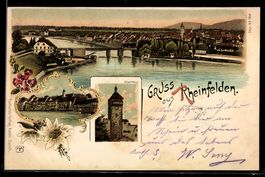 Lithographie Rheinfelden, Ortsansicht mit Brücke und Obertho