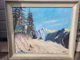 Huile sur toile "Chemin du Lac de Champex" Valais 1947er.