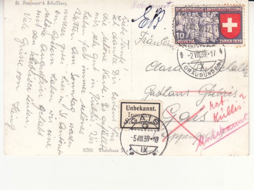 Cartoline postali: St. Antonien 1939 Irrläufer – Usato da Bürglen TG venduto da StampGraf 1