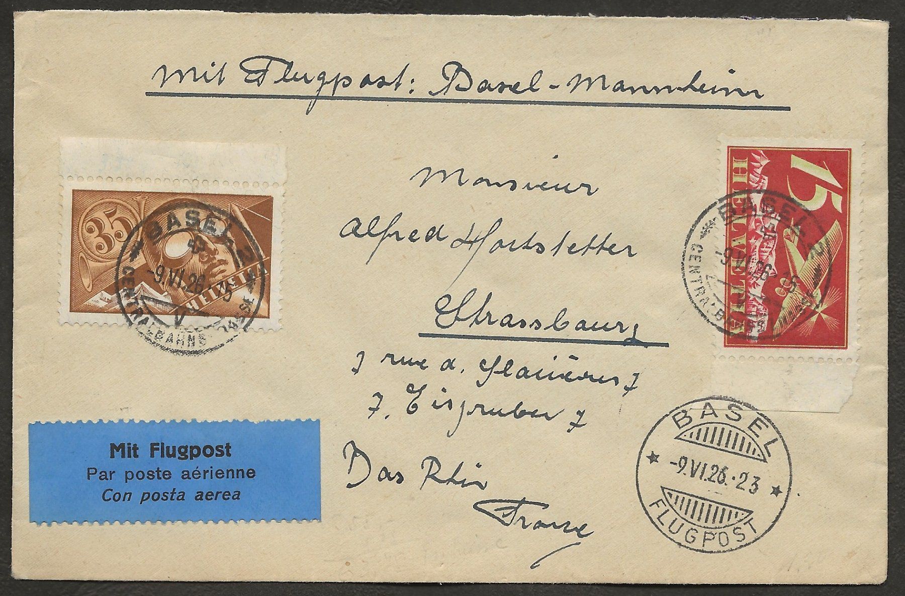 Alle Briefmarken: Flugpost Schweiz 1926 Basel Mannheim Luftpost Katalog 70.- + – Gebraucht aus Au ZH von xelagreb01