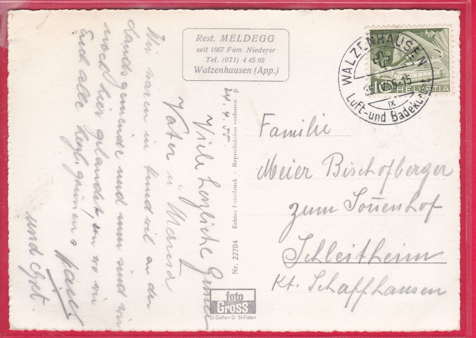 Cartoline postali: RESTAURANT MELDEGG, BLICK INS VORARLBERG, 25.4.1955 – Usato da Oberrieden venduto da Gebirgsstelze 1