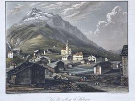Kolorierte Aquatinta Village Splügen Hürlimann Leuthold 1840
