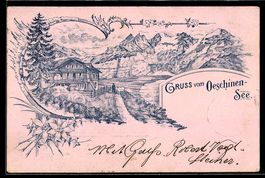 Lithographie Oeschinensee, Haus am See vor Bergpanorama
