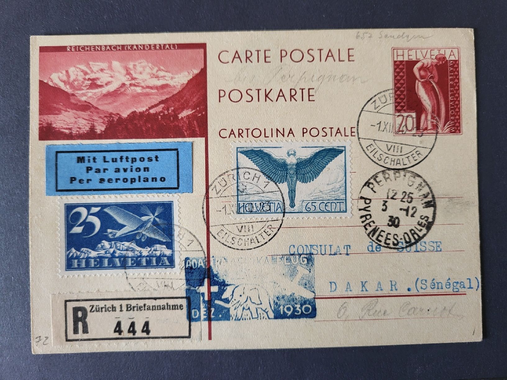 Tutti i francobolli: 1930, Postkarte mit Flugpost nach Dakar  – Usato da stäfa venduto da brandy66