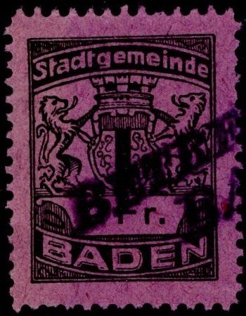 Alle Briefmarken: 2 Fr. Fiskalmarke von der Gemeinde BADEN – Gebraucht aus Eglisau von Chperfins