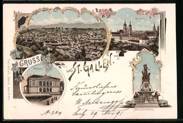 Cartes postales: Litho St. Gallen, Ortsansicht, Kloster,  – D'occasion à Berlin par bartko-reher
