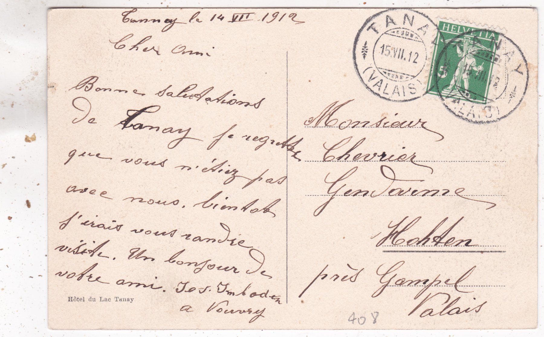 Cartoline postali: Lac Tanay 1912 – Usato da Herisau venduto da Lisegrat2008 1
