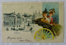 LITHO AK ZÜRICH, Bahnhofplatz, Damen auf Kutsche