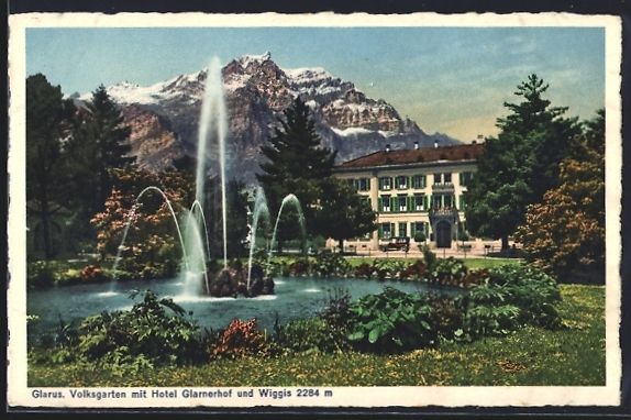 Cartoline postali: Glarus, Volksgarten mit Hotel Glarnerhof – Usato da Berlin venduto da bartko-reher