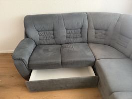 Ecksofa grau mit Bettfunktion und Bettkasten 270x210 cm