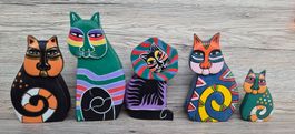 5 hübsche Laurel Burch Style Katzen aus Holz handbemalt