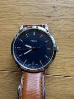 Fossil Herren Uhr braun Lederarmband dunkelblaues Zifferblat