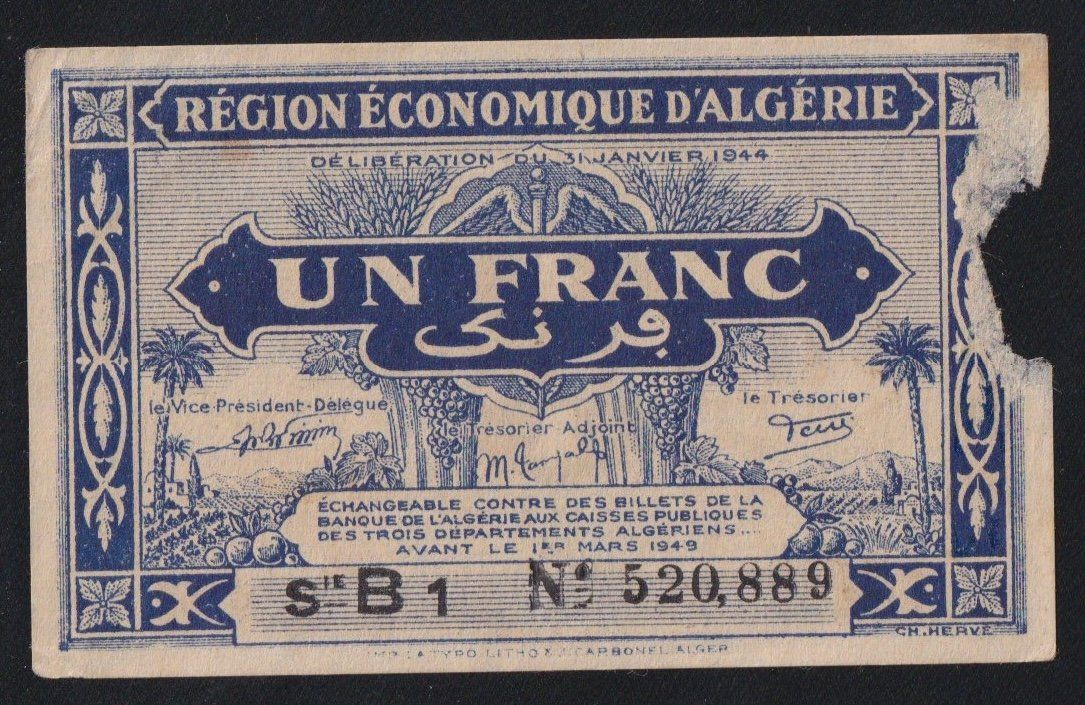 Billets de banque: Algerien 1 Franc 1944 – Défectueux à Brugg AG par banknoten_muesli