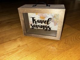Spardose Travel savings Holz mit Weltkarte