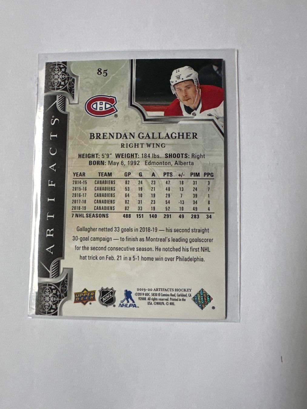 NHL Cartes à collectionner: Upper Deck Artifacts 2019-20 “Brendan Gallagher” Canadiens – Neuf (Voir description) à St. Stephan par MinoPP 1