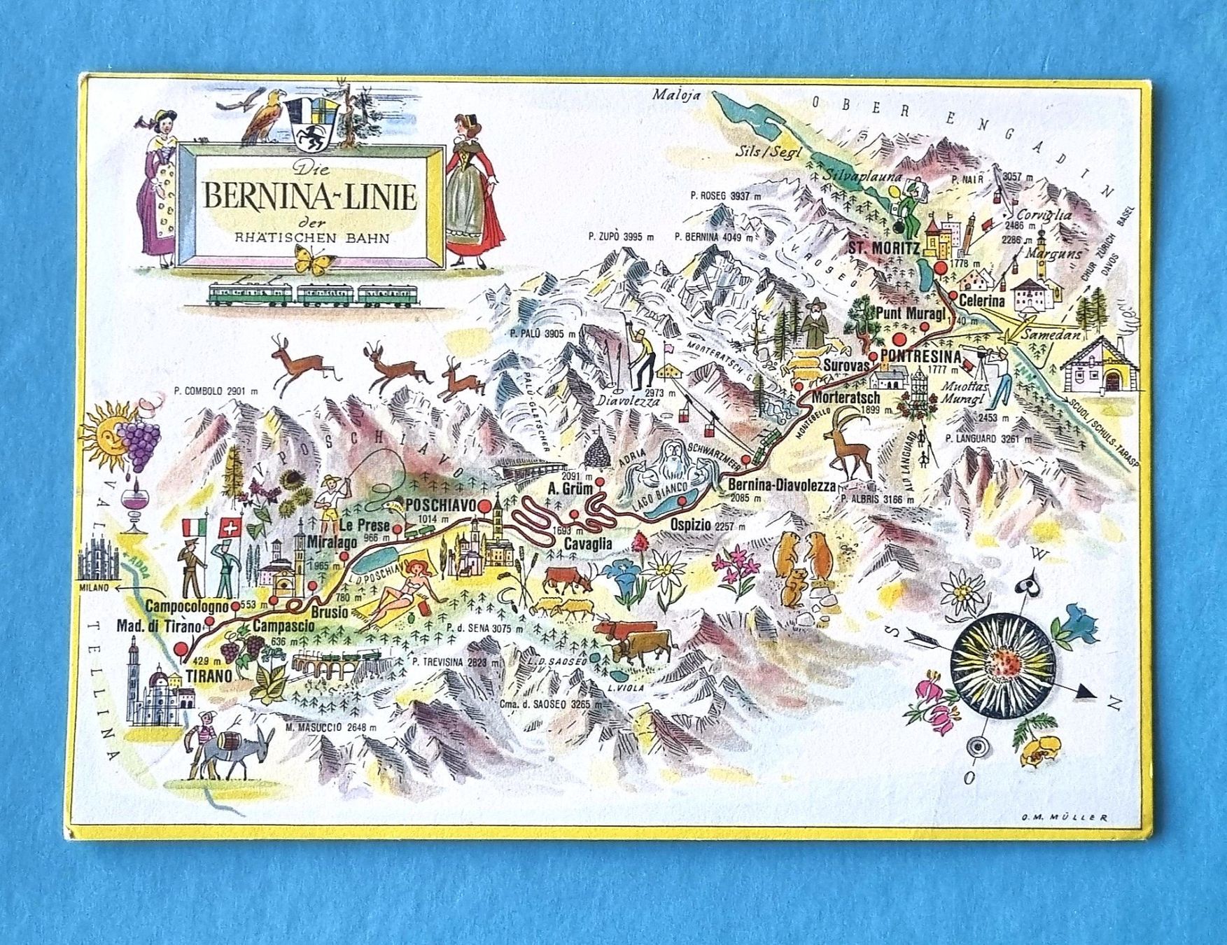 Ansichtskarten: Bernina Linie - Rhätische Bahn - Streckenplan - 1962 – Gebraucht aus Rothrist von RROENK