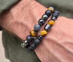 Set 2 bracciali pietre naturali occhio tigre e lava nuovo